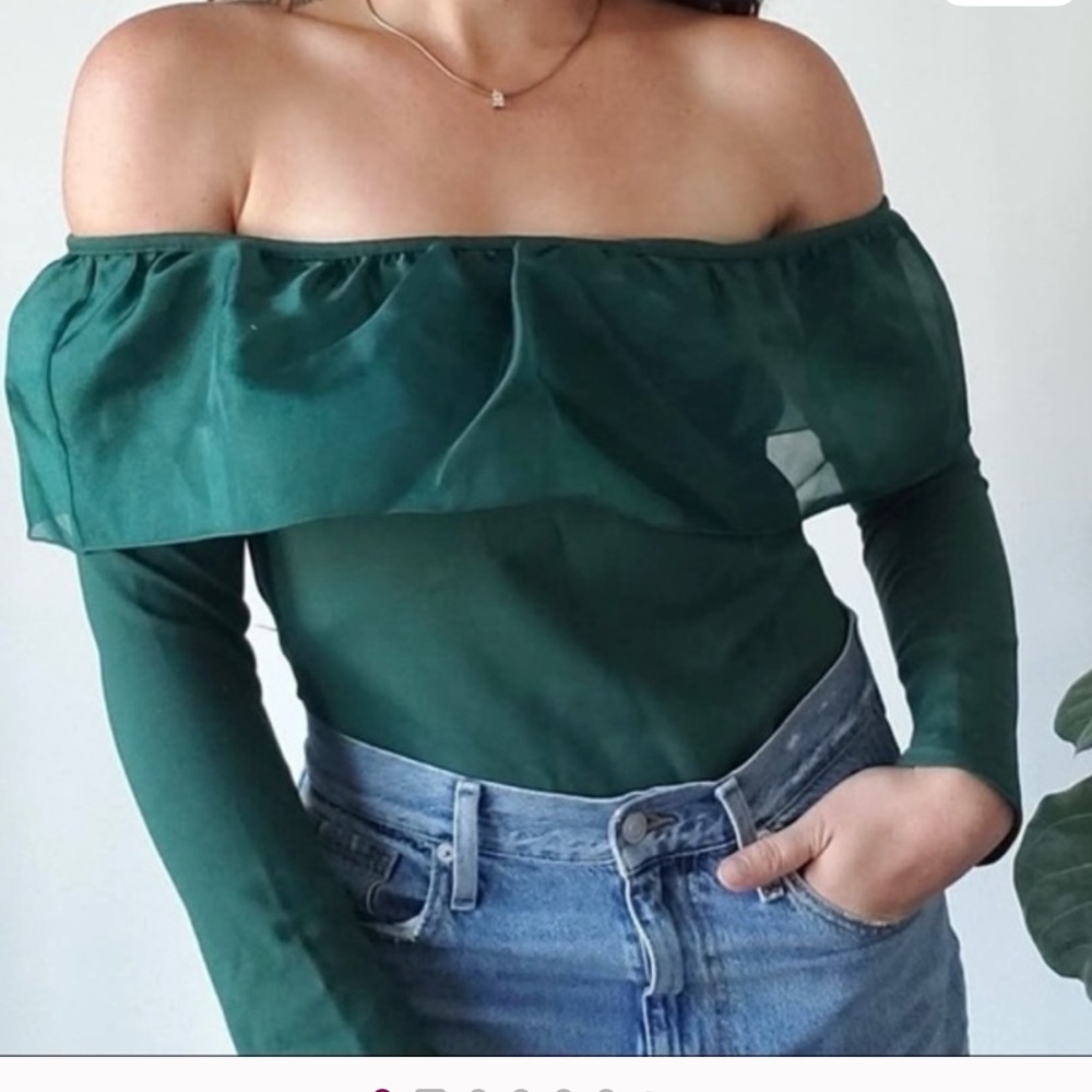 J. Crew Emerald Off-Shoulder Top With Organza Ruffle